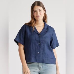 Quince 100% European Linen Short Sleeve Shirt, Navy Blue, Size Medium